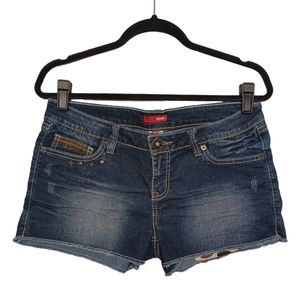 BONGO Camo Print Pocket Lace Studded Dark Blue Raw Hem Denim Jean Shorts 11